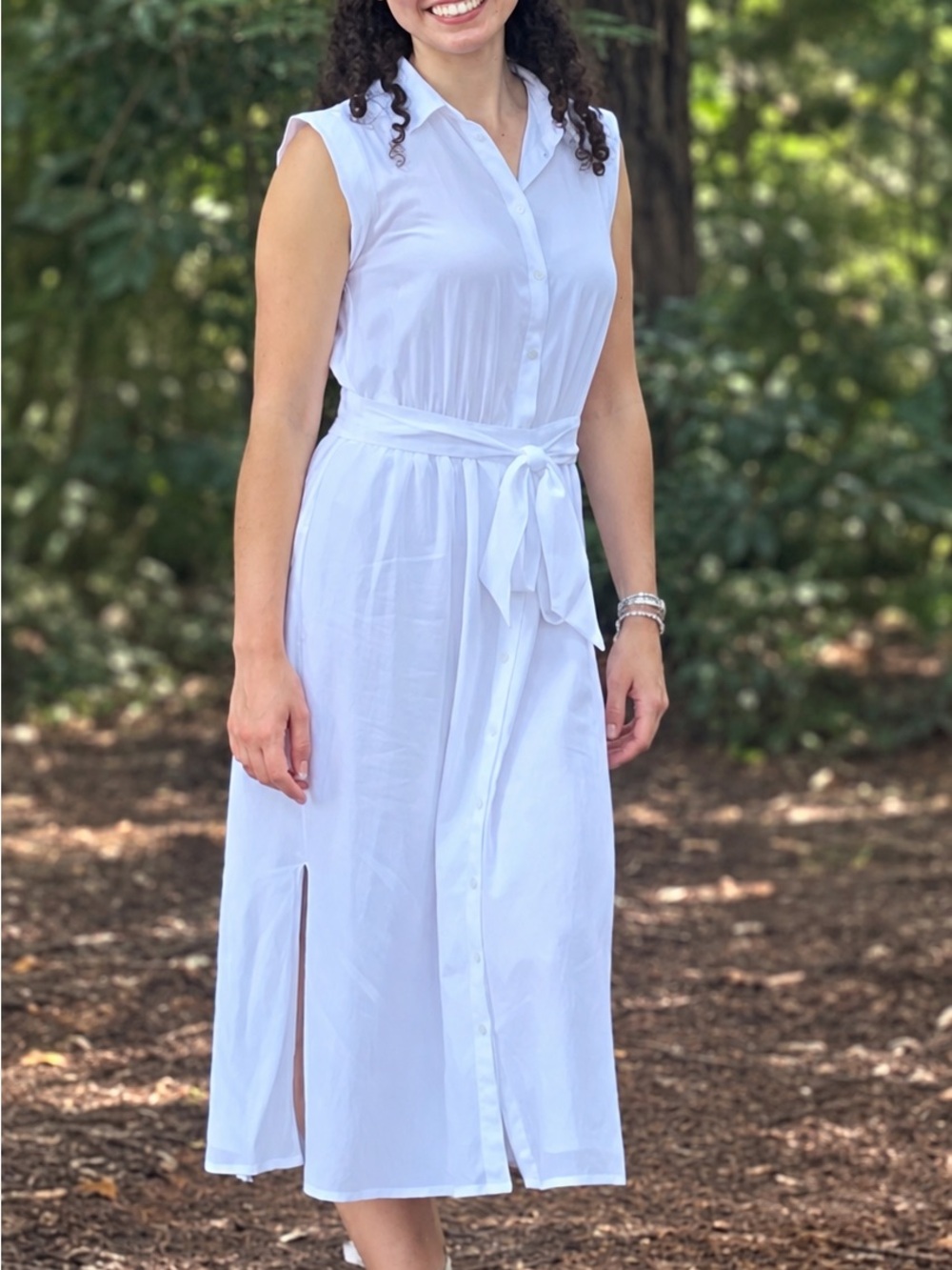 Banana Republic White Sleeveless Tie Waist Midi Shirt Dress XXS